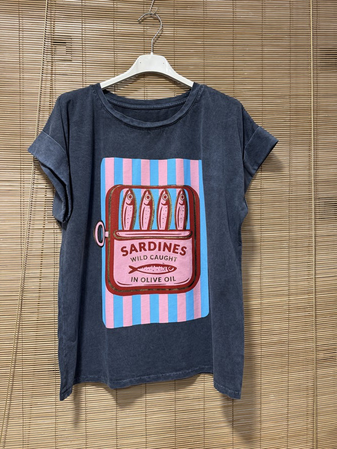 T-shirt anthracite Sardines rose/bleu