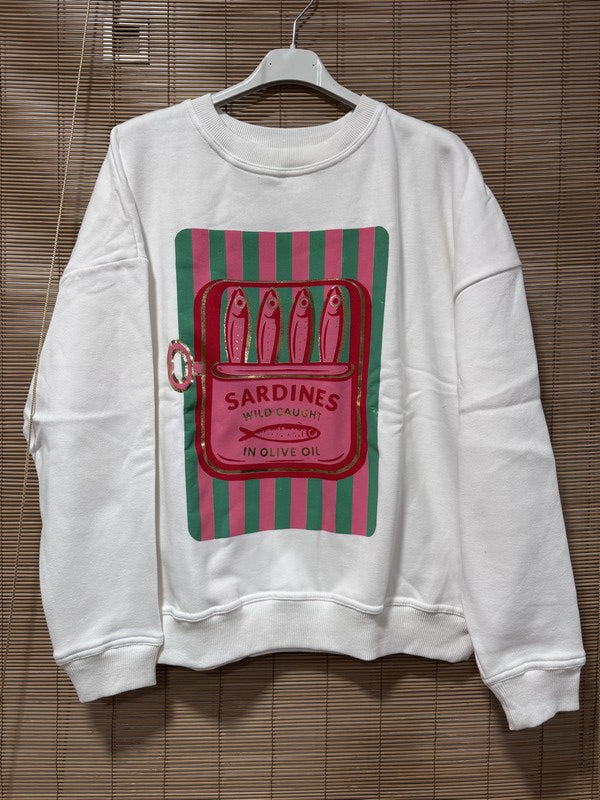 Sweat blanc SARDINES rose/vert