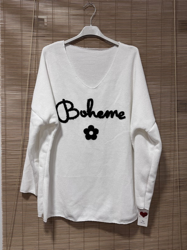 Sweat velours Bohème col V blanc
