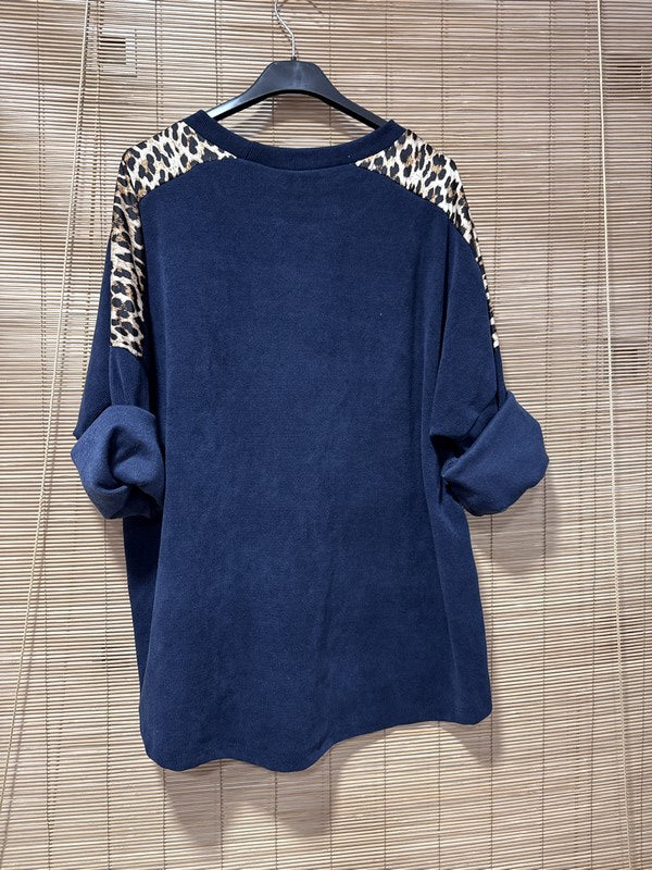 Sweat velours léopard poche poitrine bleu marine