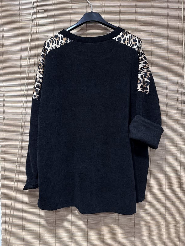 Sweat velours léopard poche poitrine noir
