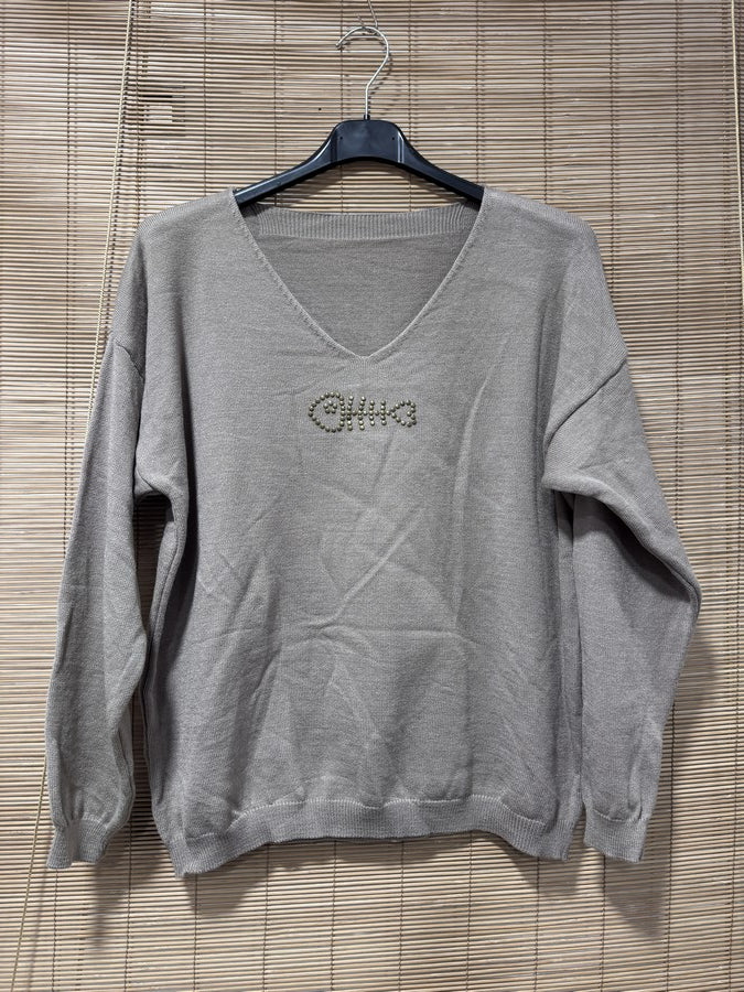 Pull fin POISSON clouté taupe
