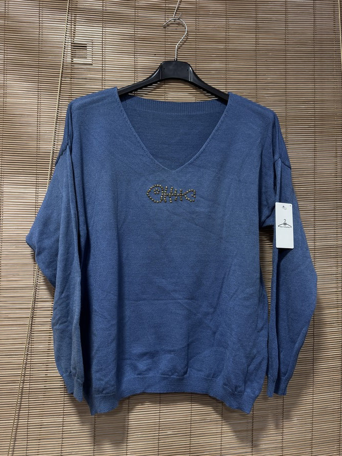 Pull fin POISSON clouté bleu jean