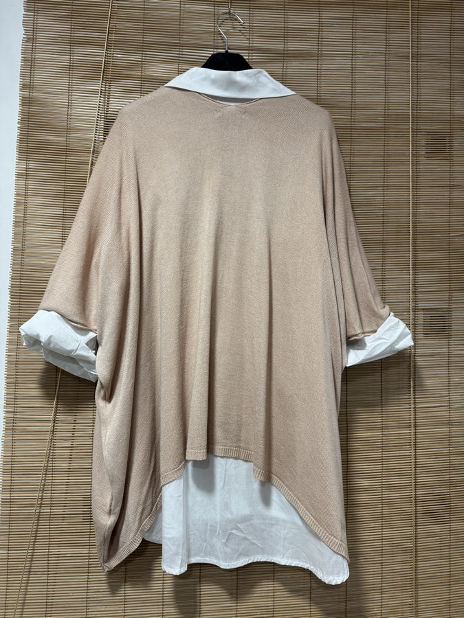 GRANDE TAILLE - Pull fin chauve-souris col V beige
