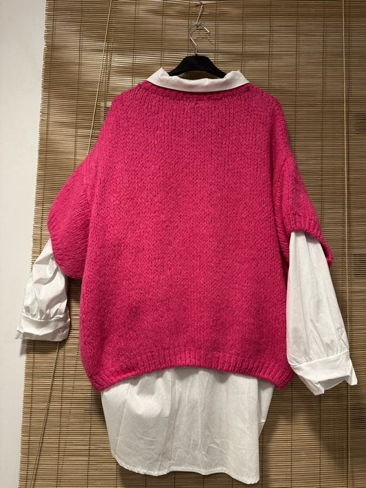 GRANDE TAILLE - Pull col V manches courtes fuchsia