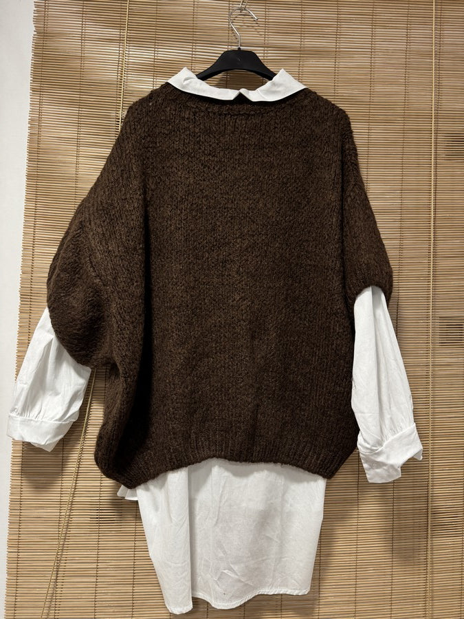 GRANDE TAILLE - Pull col V manches courtes marron