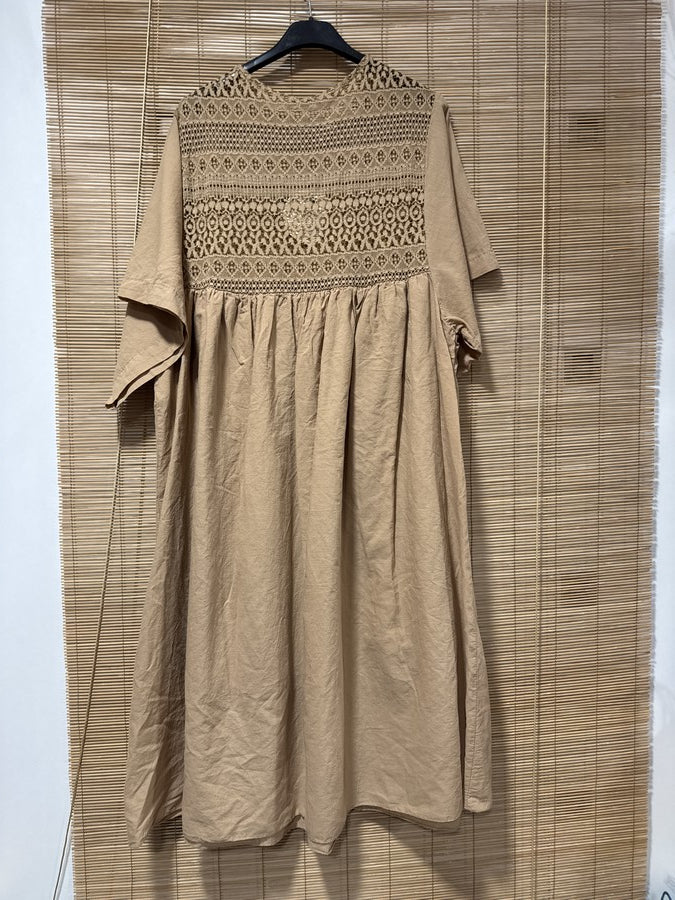 GRANDE TAILLE - Robe voile de coton broderies camel