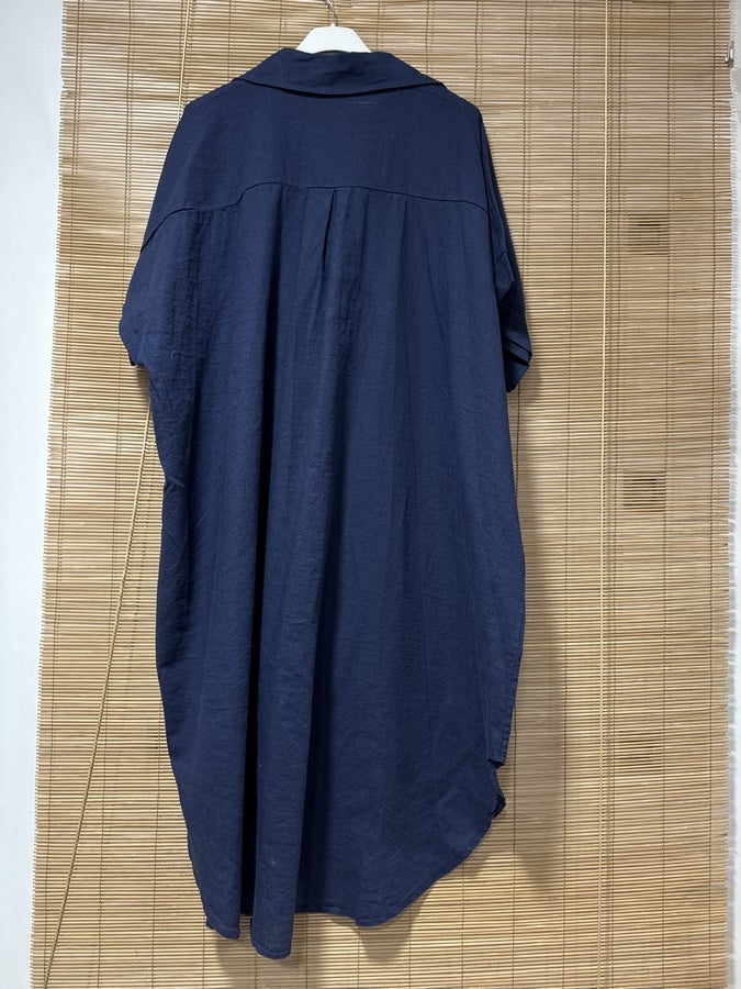 GRANDE TAILLE - Robe chemise lin/coton bleu marine