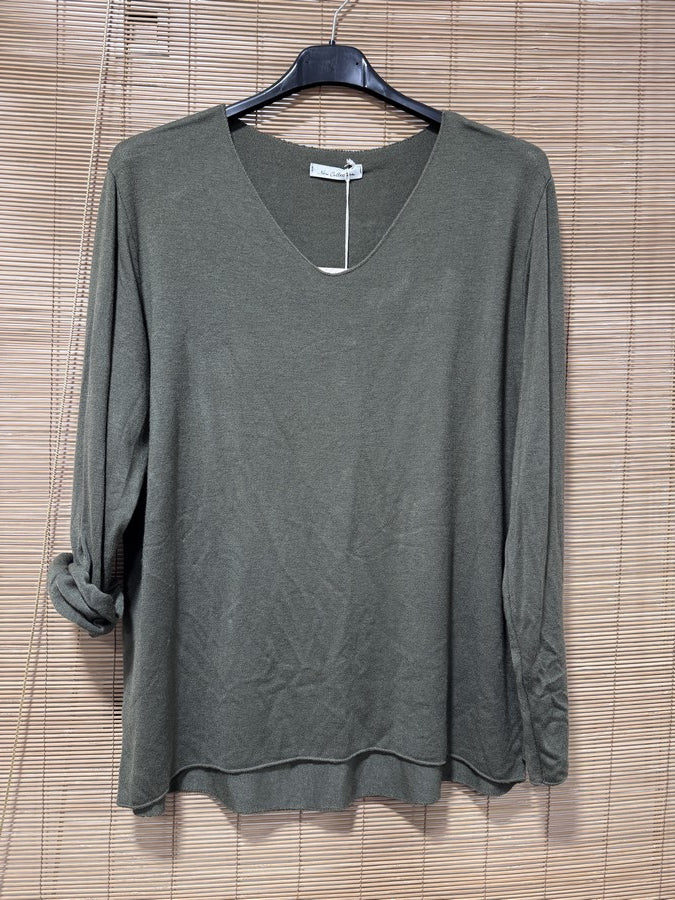 GRANDE TAILLE - Pull fin col V kaki