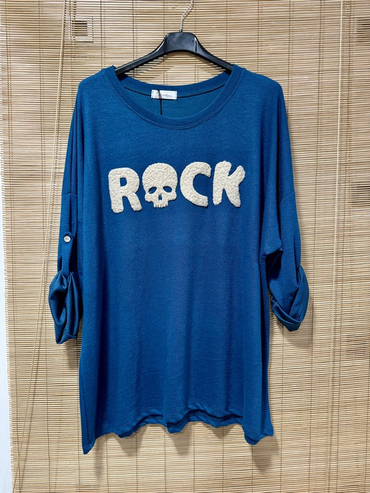 GRANDE TAILLE - Pull fin ROCK bleu pétrole