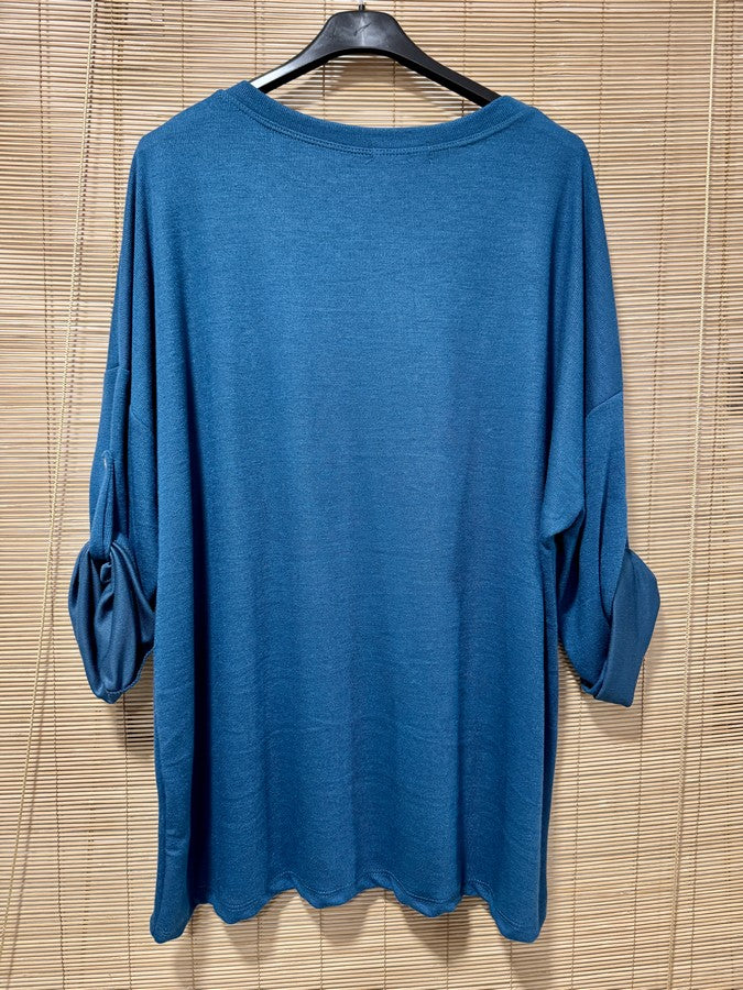 GRANDE TAILLE - Pull fin ROCK bleu pétrole