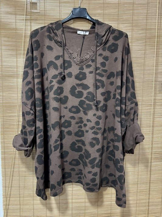 GRANDE TAILLE - Sweat à capuche léo marron