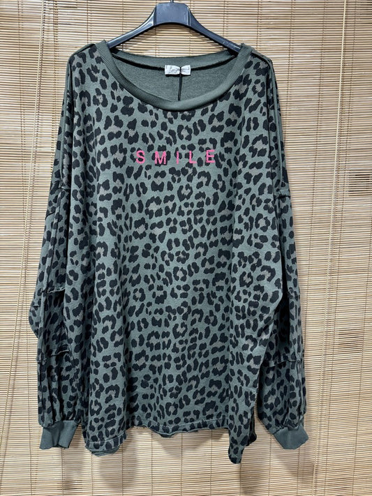 GRANDE TAILLE - Sweat léopard SMILE kaki