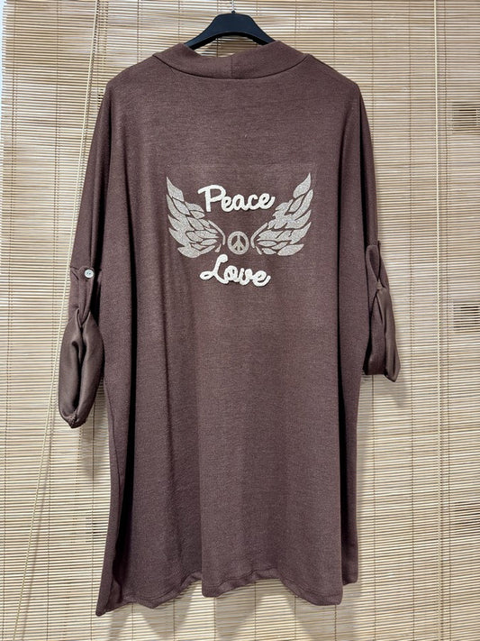 GRANDE TAILLE - Gilet long Peace&Love marron