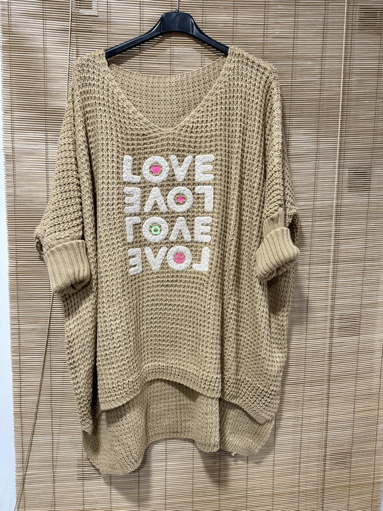 GRANDE TAILLE - Pull tunique oversize LOVE beige