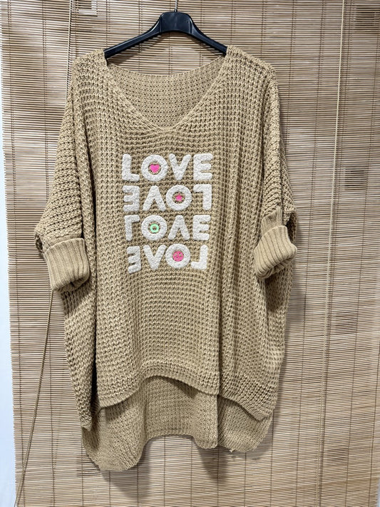 GRANDE TAILLE - Pull tunique oversize LOVE beige
