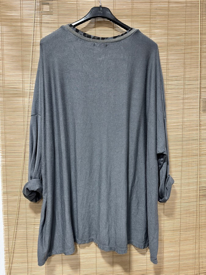 GRANDE TAILLE - Pull fin col léopard gris