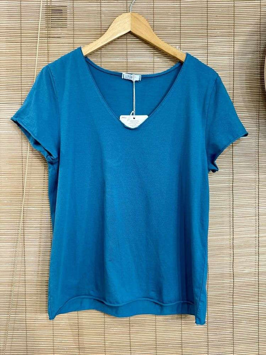 T-shirt col V bleu canard