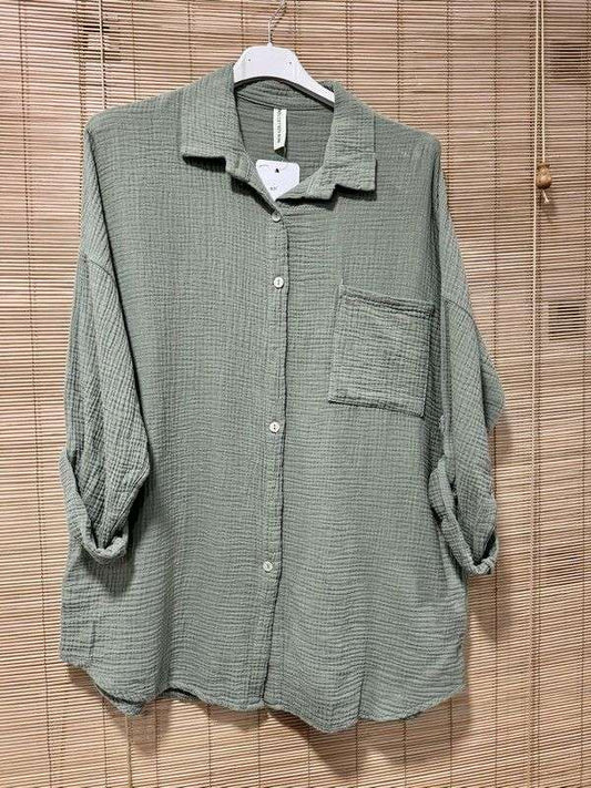 Chemise gaze de coton poche poitrine kaki