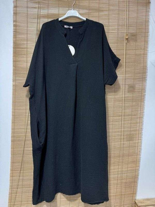 GRANDE TAILLE - Robe longue en gaze de coton col en V noire