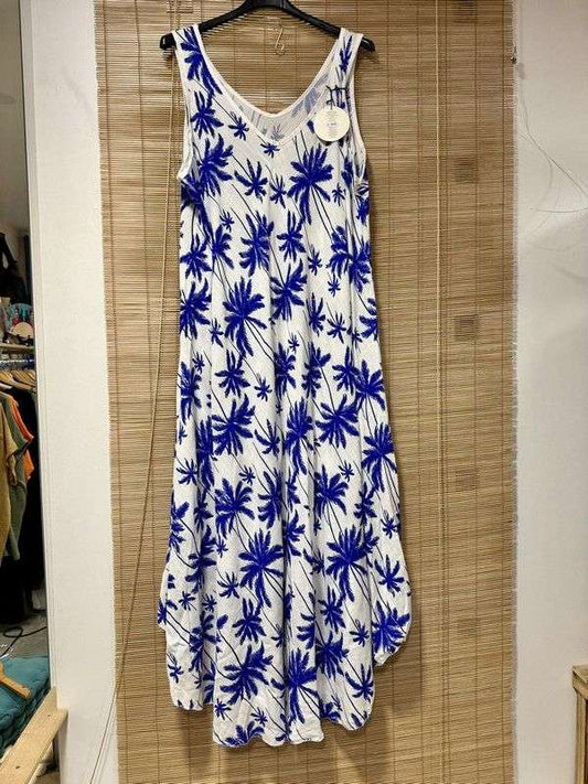 GRANDE TAILLE - Robe longue sans manches palmiers bleu roi