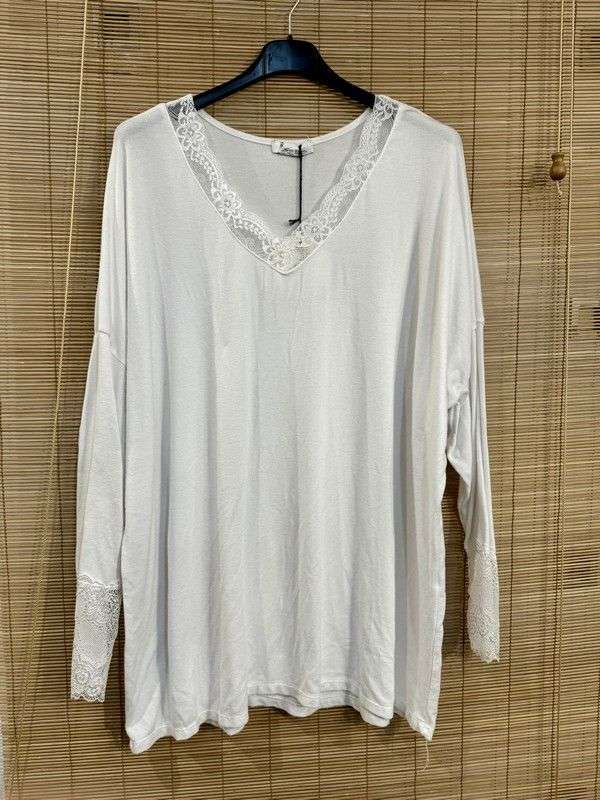 GRANDE TAILLE - Pull fin col V dentelle blanc