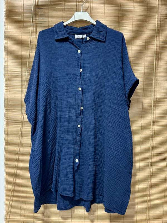 GRANDE TAILLE - Chemise gaze de coton sequins bleu marine