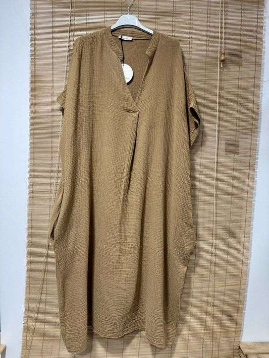 GRANDE TAILLE - Robe longue en gaze de coton col en V camel