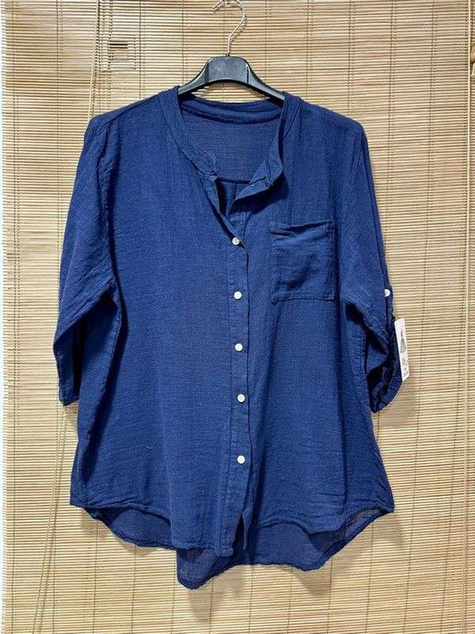 Chemise en coton col mao bleu marine