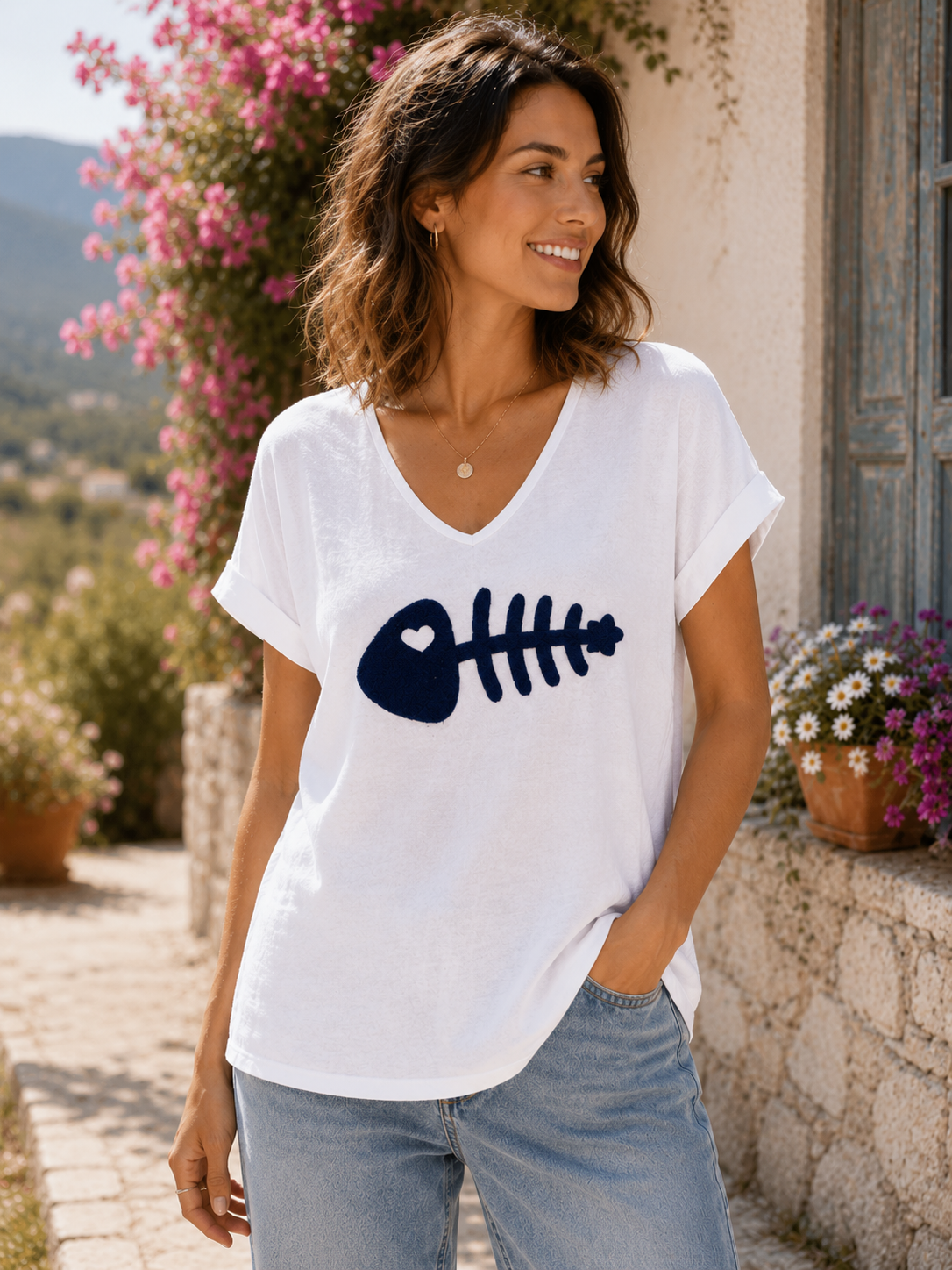 T-shirt blanc POISSON bleu roi