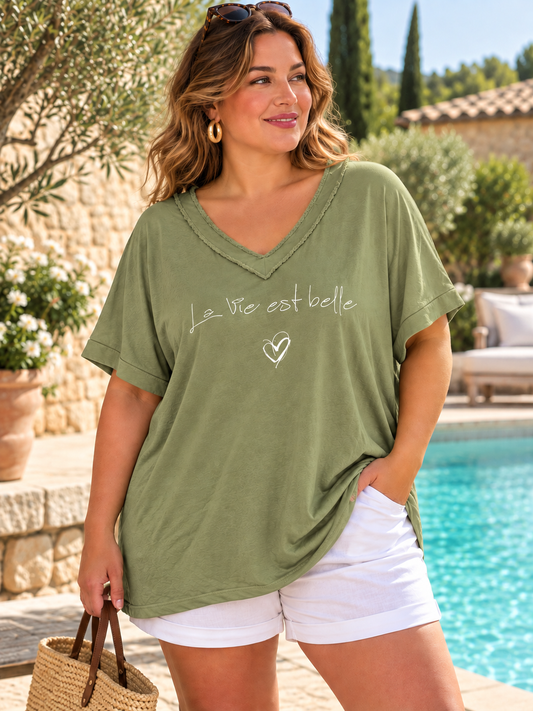 GRANDE TAILLE - T-shirt La Vie est Belle vert olive