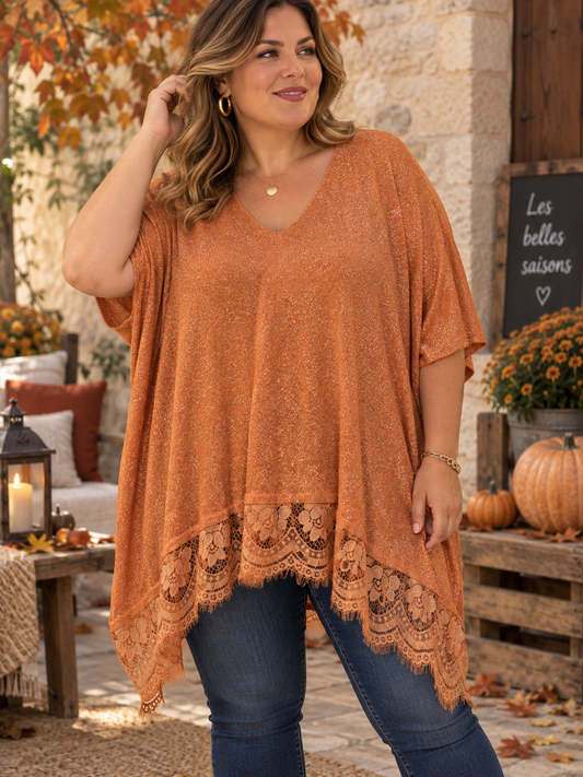 GRANDE TAILLE - Pull fin fluide dentelle bas lurex orange