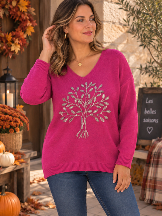 Pull fin Arbre de Vie fuchsia