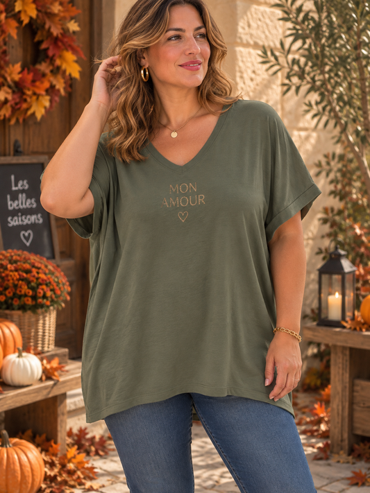T-shirt col V Mon Amour kaki