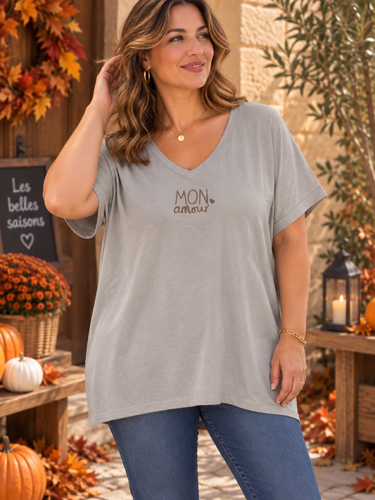 T-shirt col V Mon Amour beige