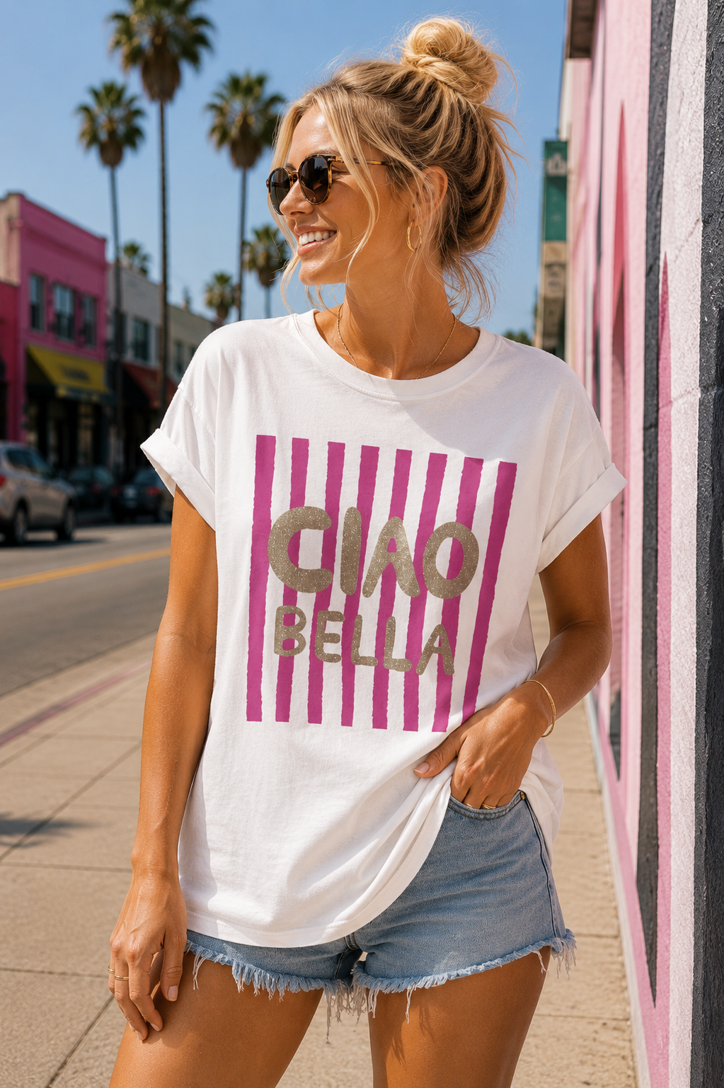 T-shirt Blanc Ciao Bella fuchsia
