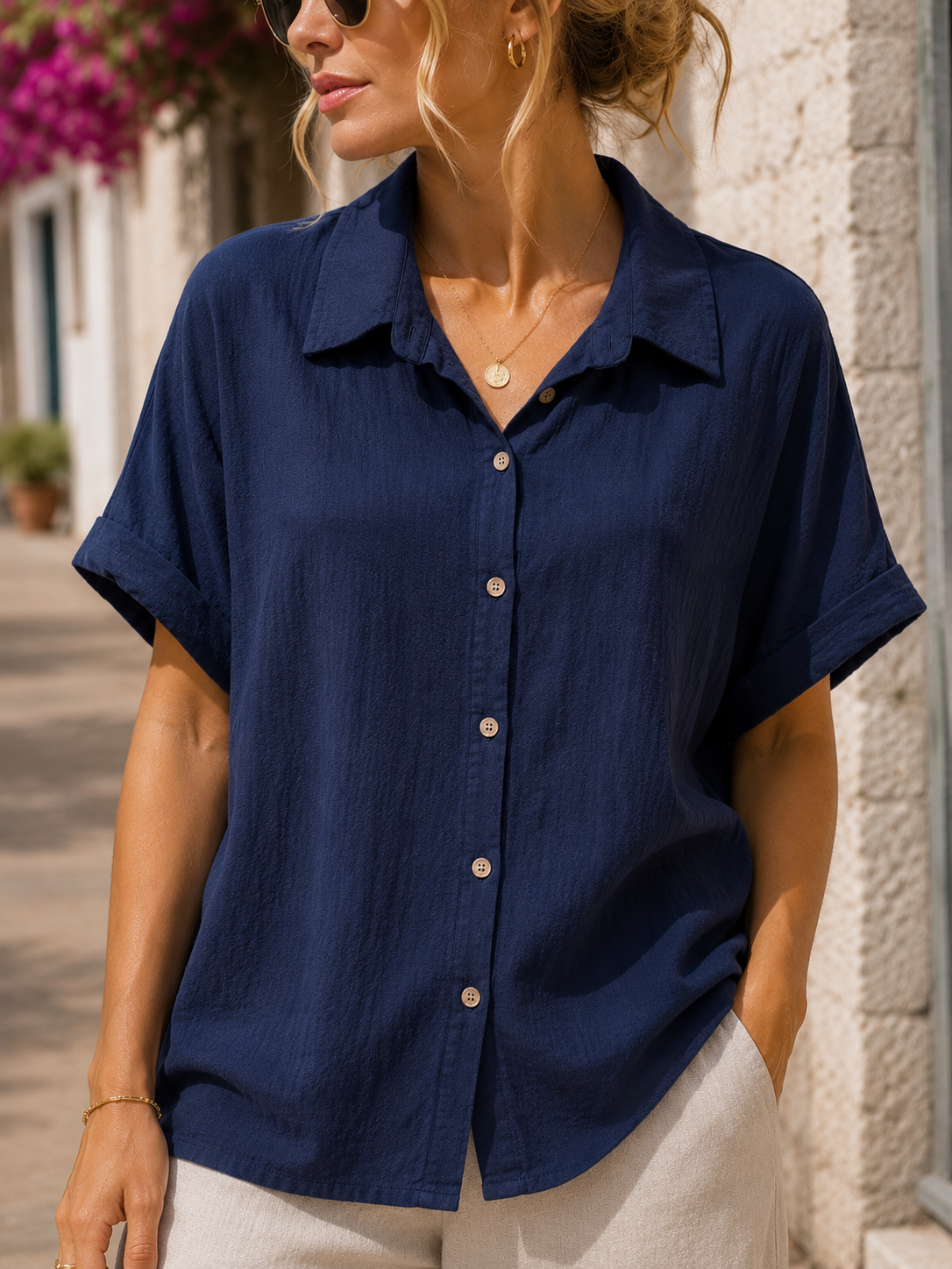 Chemise coton manches courtes bleu marine