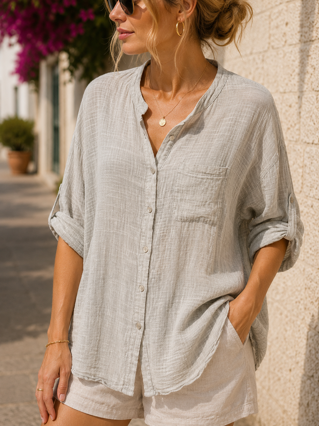 Chemise en coton col mao sable