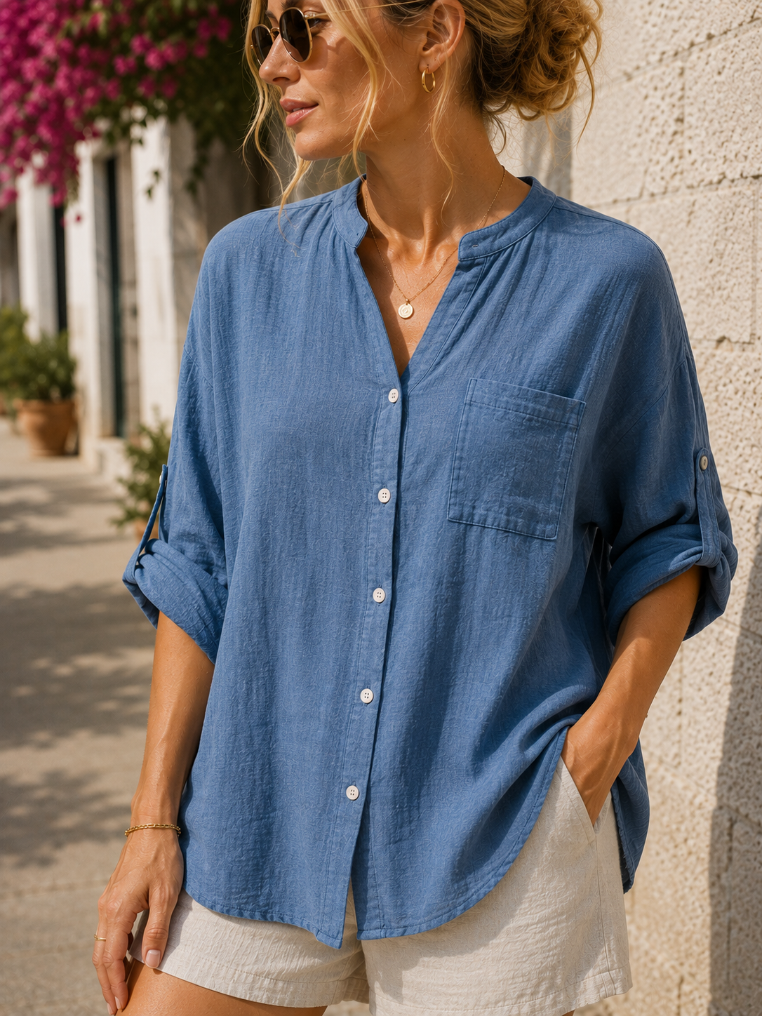 Chemise en coton col mao bleu jean