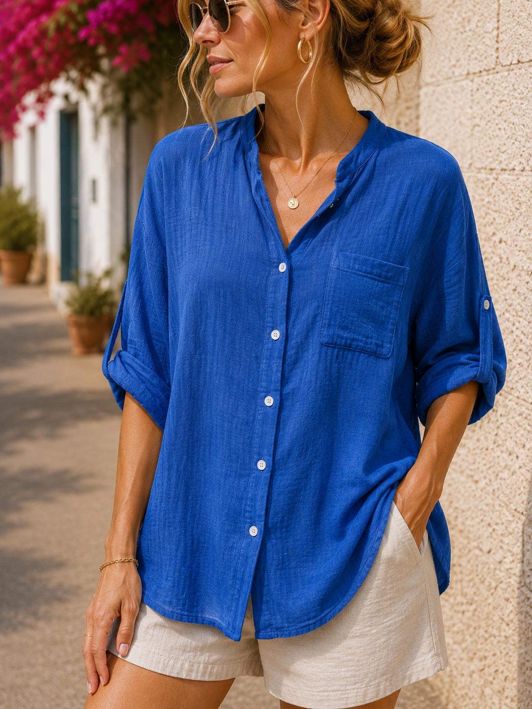 Chemise en coton col mao bleu roi