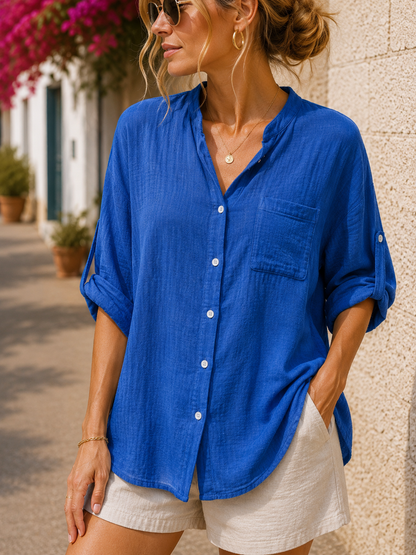 Chemise en coton col mao bleu roi
