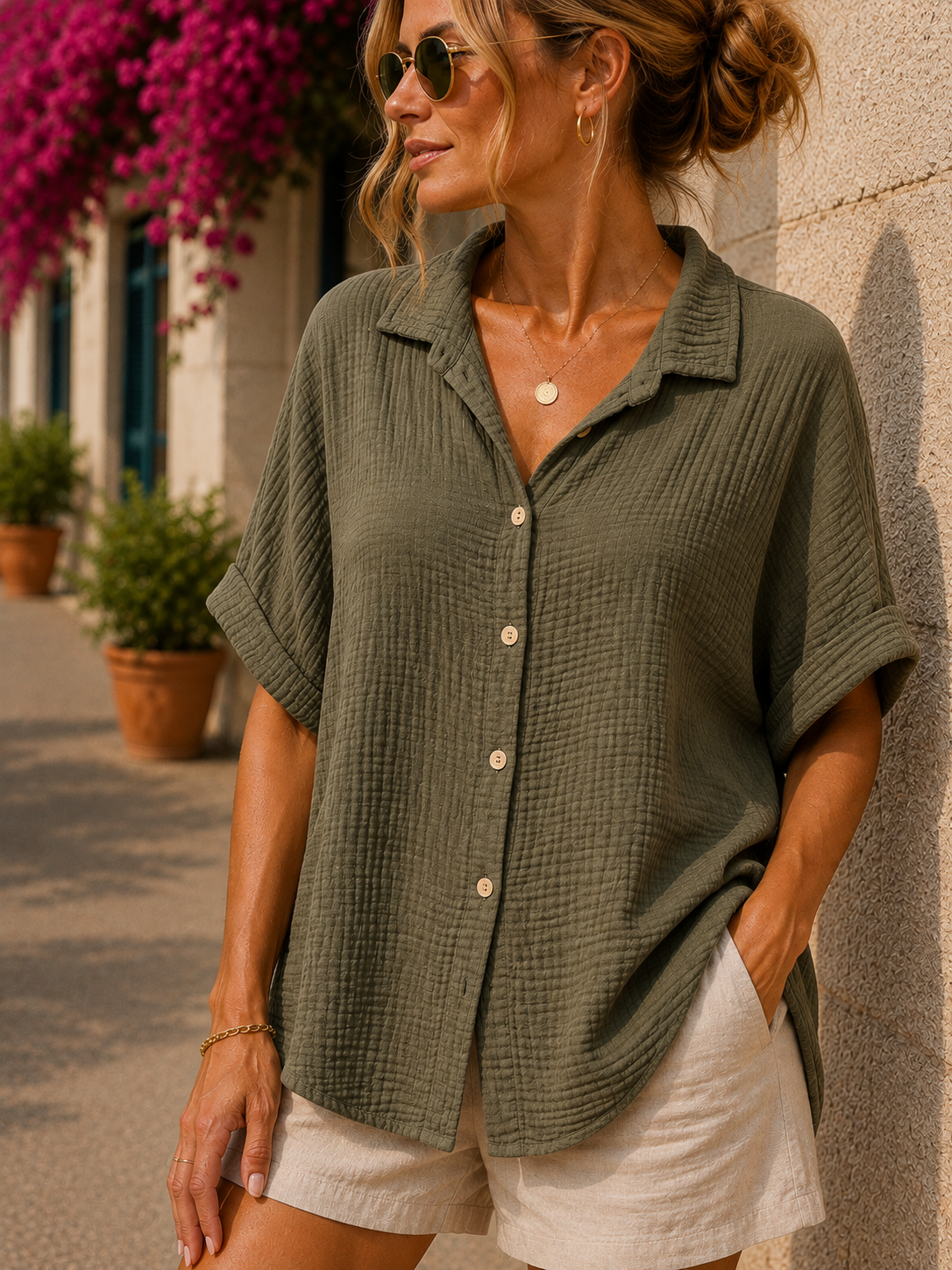 Chemise gaze de coton manches courtes kaki