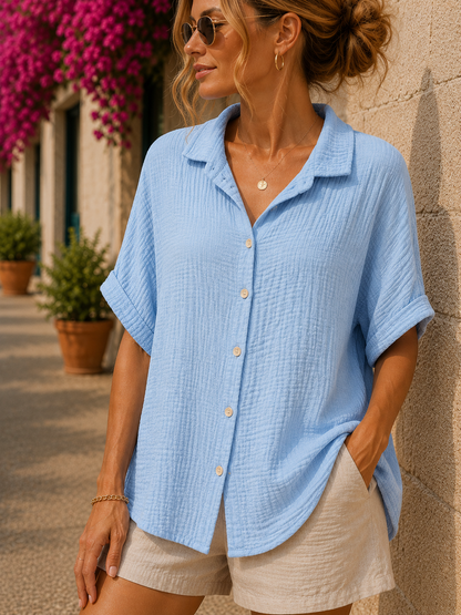 Chemise gaze de coton manches courtes bleu ciel