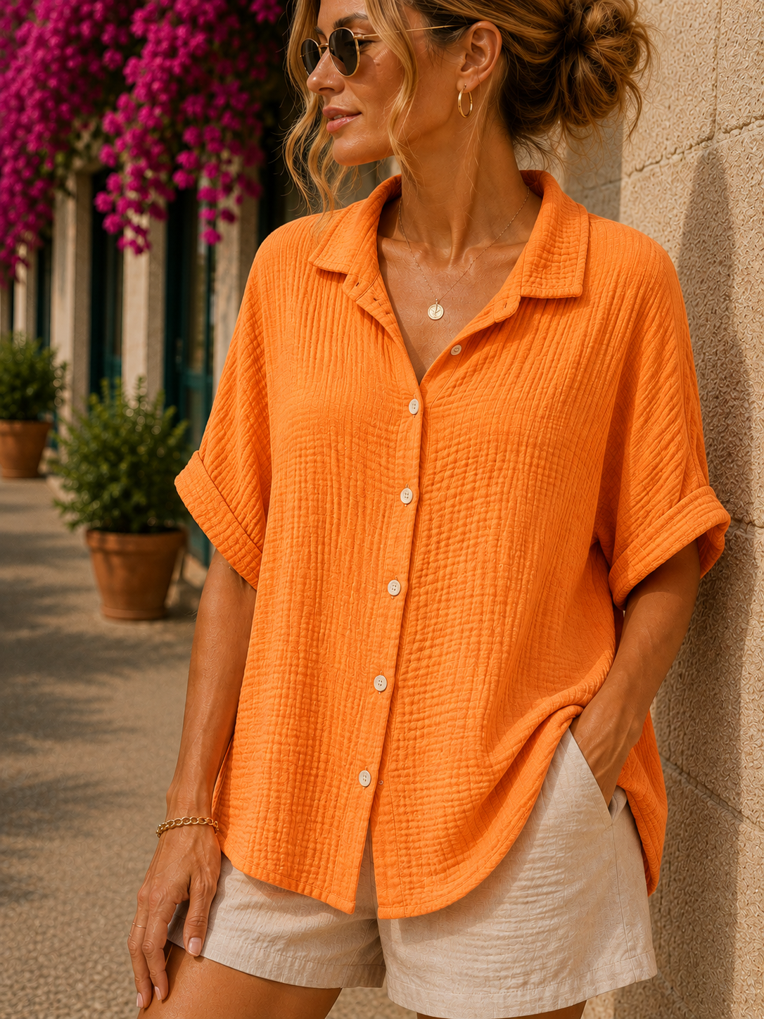 Chemise gaze de coton manches courtes orange