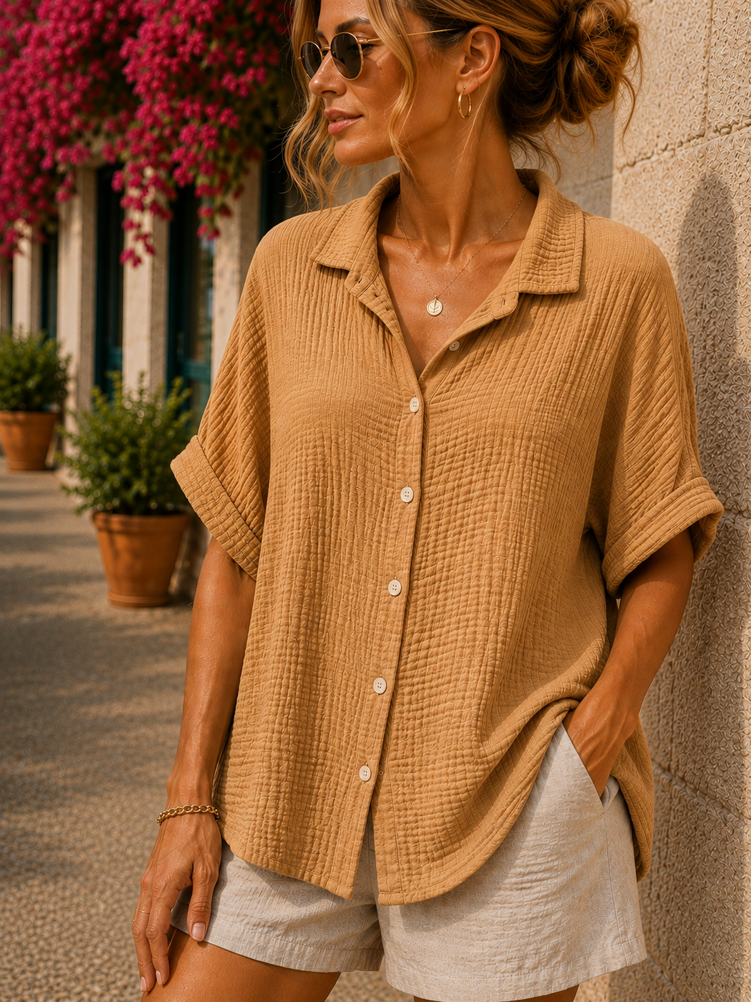 Chemise gaze de coton manches courtes camel