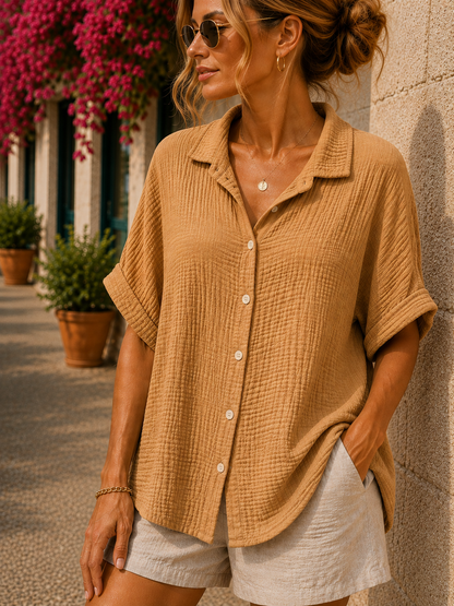 Chemise gaze de coton manches courtes camel