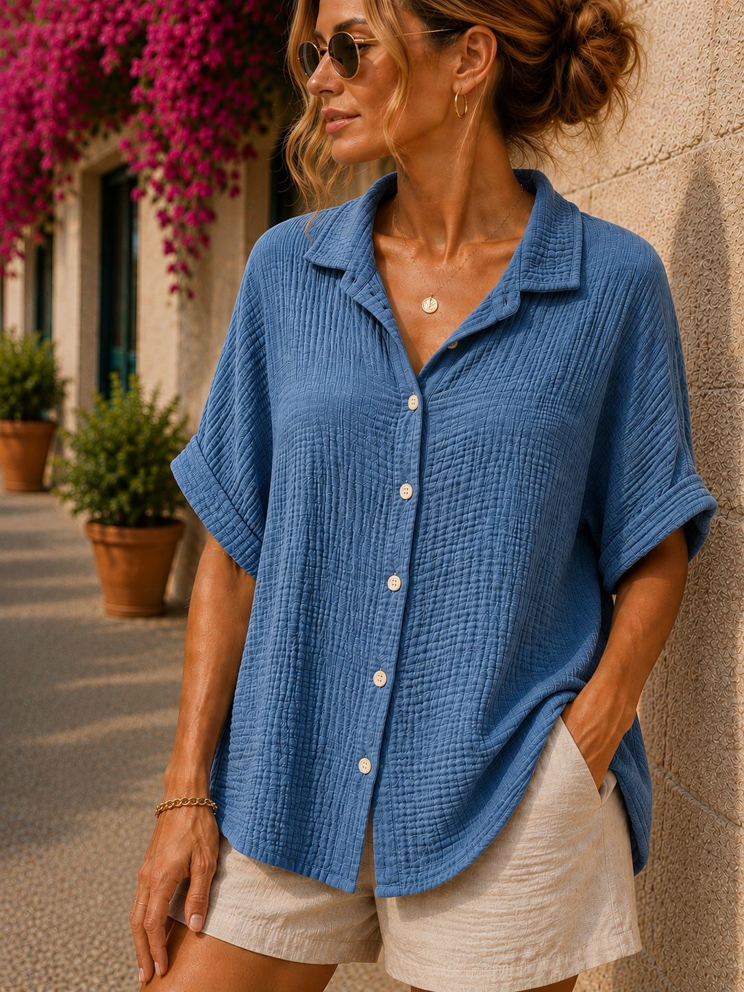Chemise gaze de coton manches courtes bleu jean