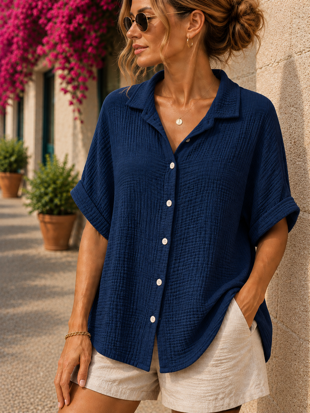 Chemise gaze de coton manches courtes bleu marine