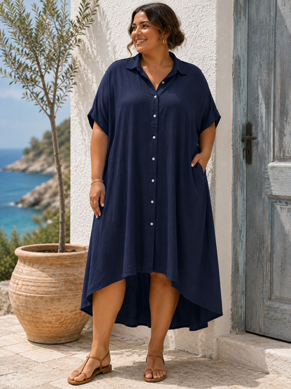 GRANDE TAILLE - Robe chemise lin/coton bleu marine