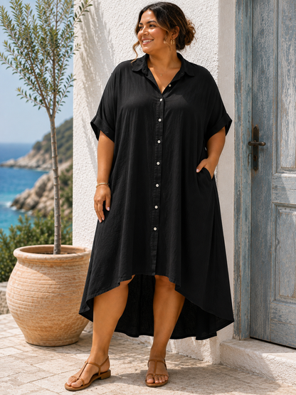 GRANDE TAILLE - Robe chemise lin/coton noire
